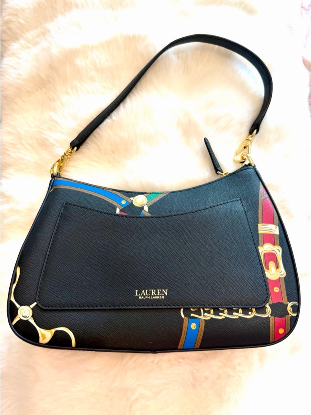 Lauren Ralph Lauren Black Shoulder Bag with Multicolor Equestrian Print - Picture 2 of 9